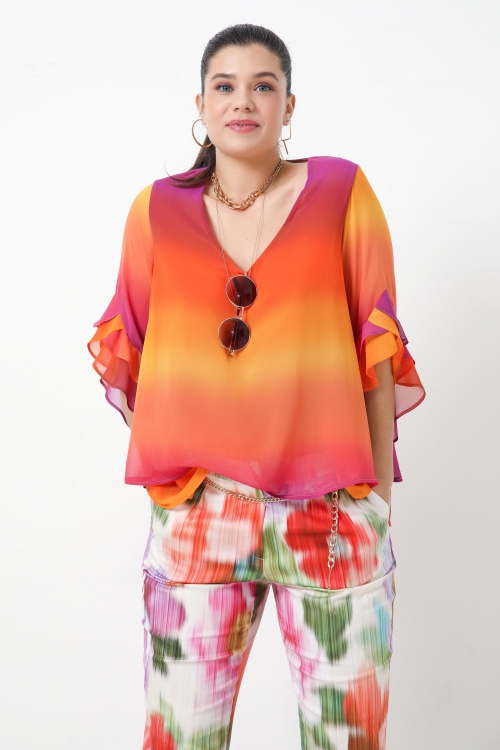 layered blouse in eco-responsible orange gradient printed voile.