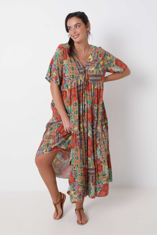 Long dress in printed fibranne