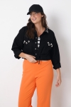 short black denim jacket with pearls