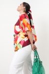 Kimono-effect satin printed shirt