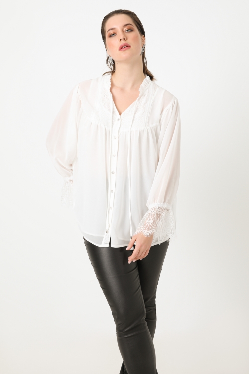 Plain voile shirt with lace bib