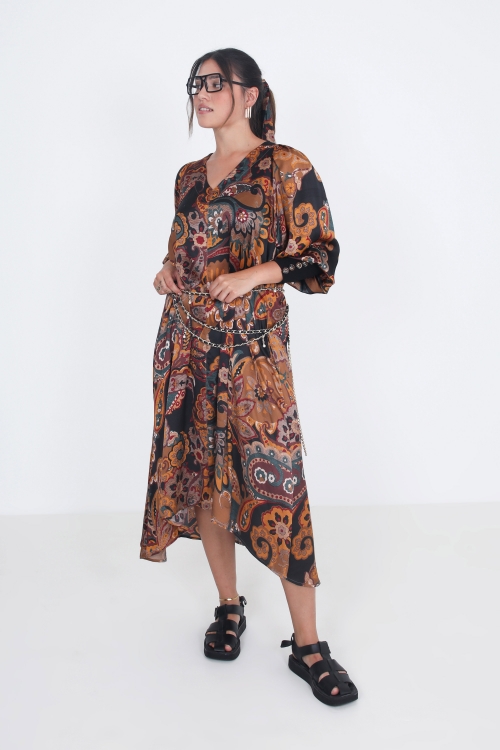 Long trapeze dress in satin print with ribbing