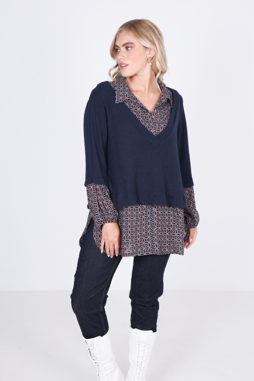 Plain knit sweater with printed layering effect