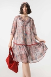 Mid-length dress in floral printed voile, eco-responsible fabric