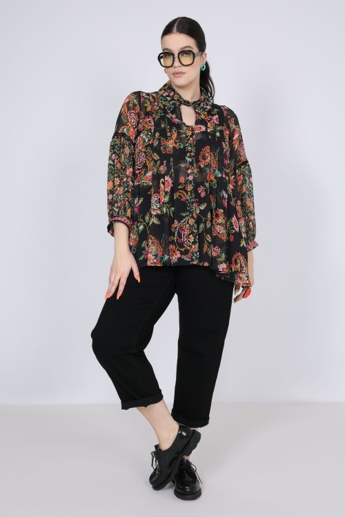 Printed voile shirt with flat pleats