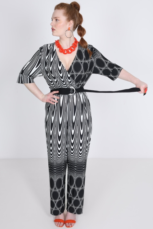 Black and white geometric print knit jumpsuit