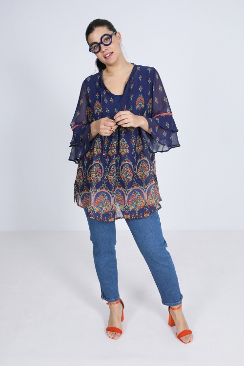 Printed voile tunic with plain tank top
