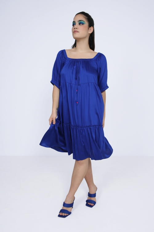 Plain midi dress with satin-effect ruffles