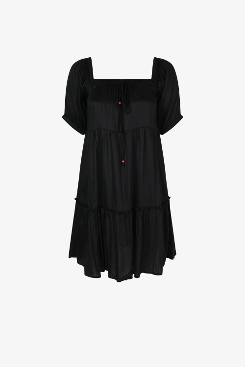 Plain midi dress with satin-effect ruffles