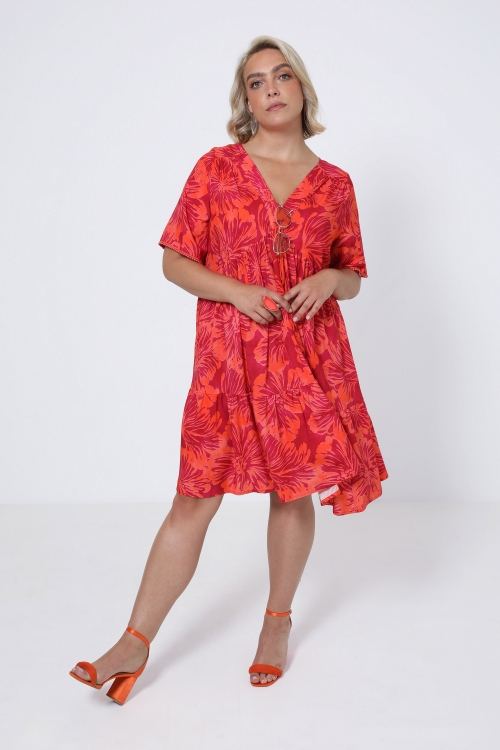 Mid-length dress in printed fibranne
