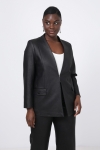 Faux leather collarless suit jacket