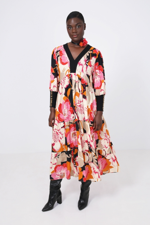 Long printed dress with plain 2/2 side