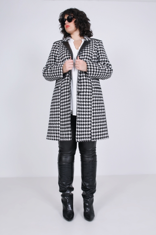 7/8 straight tailored coat in houndstooth and vegan leather