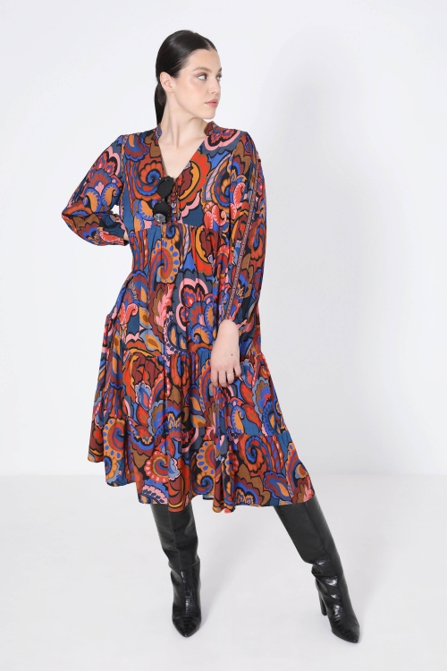 Bohemian-style printed mid-length dress with straps