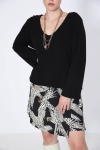 Plain knit sweater with overlay effect with printed bottom.