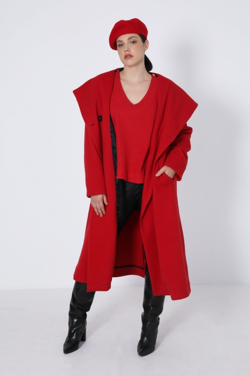 Long hooded coat with shawl collar