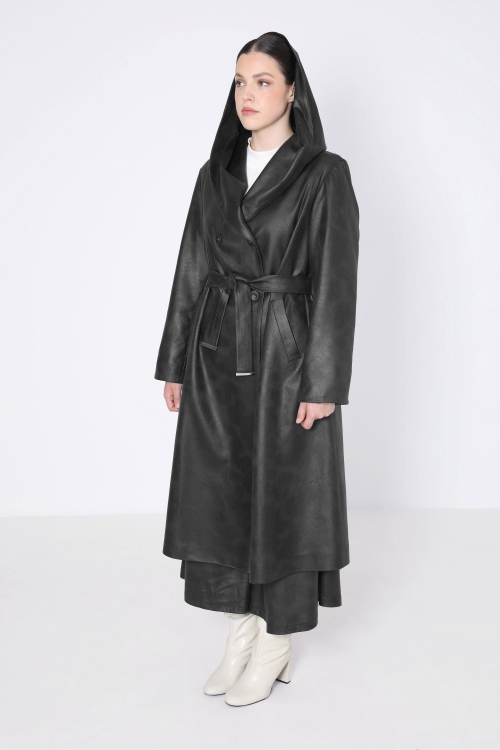 long faux leather coat with shawl collar