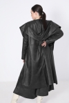 long faux leather coat with shawl collar