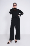 Black trousers with side eyelets - fluid and stretchy knit