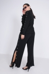 Pantalon noir a oeillets lateraux-maille fluide et stretch