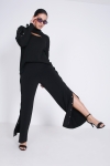 Black trousers with side eyelets - fluid and stretchy knit
