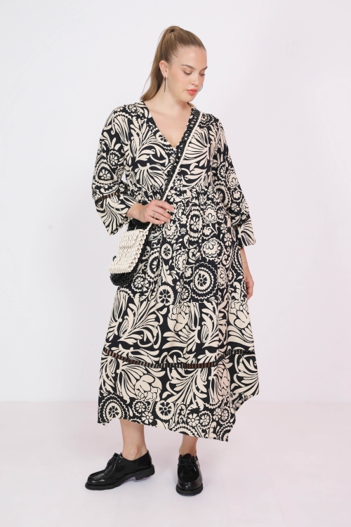 Long black/ecru floral bi-print dress