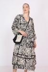 Long black/ecru floral bi-print dress