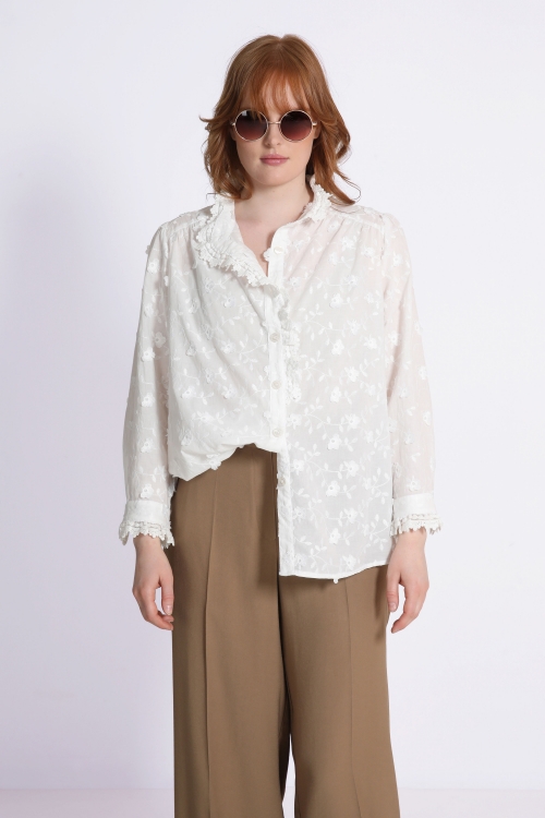 Embroidered cotton shirt with braid