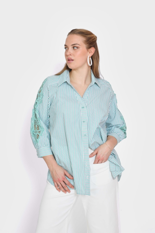 Striped shirt with macramé patch
