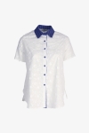 Embroidered shirt with striped denim collar