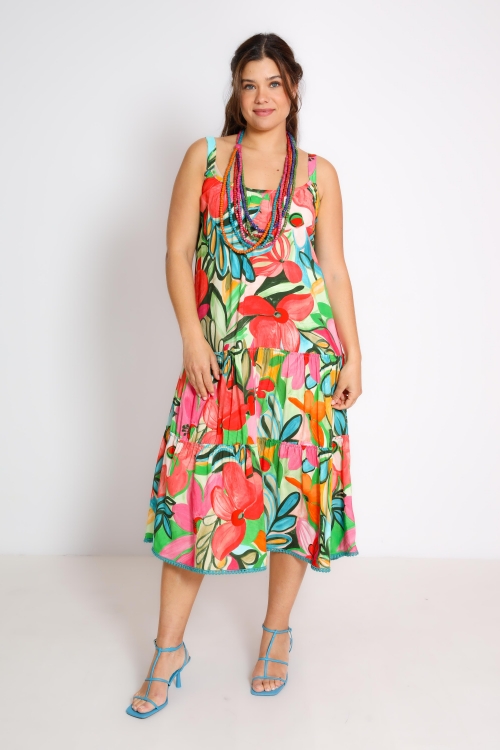 Printed long dress with ruffled bohemian straps