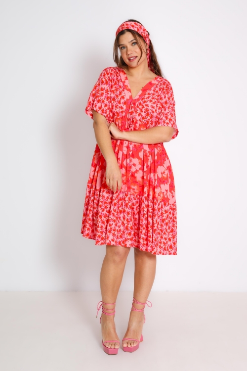 Mid-length dress in mixed print