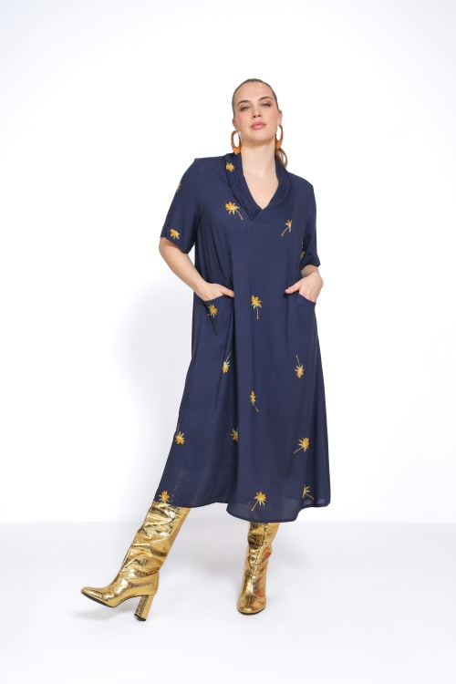 Long plain dress with gold palm tree pattern