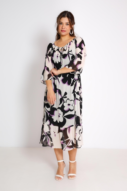 pleated dress in printed voile