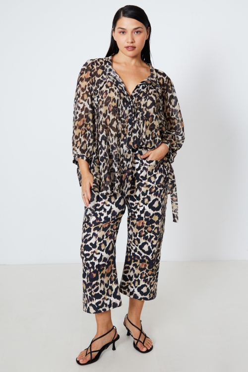 Panther print voile blouse with flat pleats
