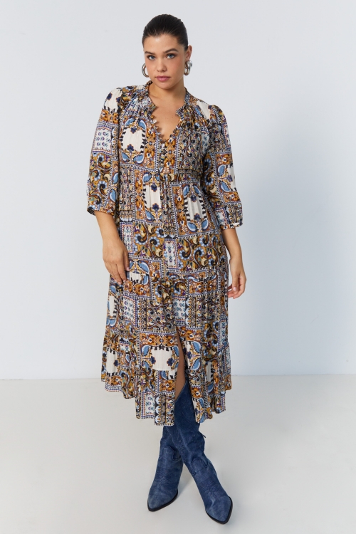 Long printed dress with smocked collar