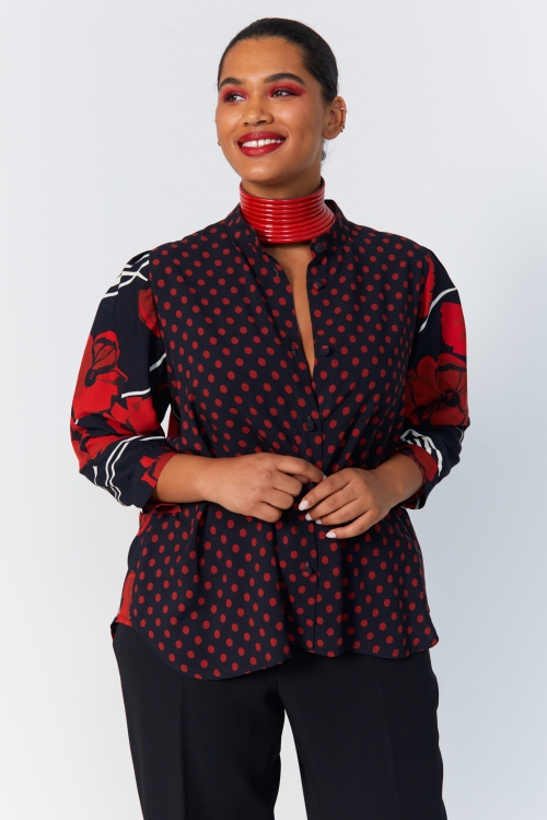 Polka dot and floral print patch shirt