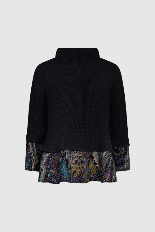 Layered plain knit sweater with satin print