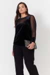 T-shirt in smooth stretch velvet and plain mesh