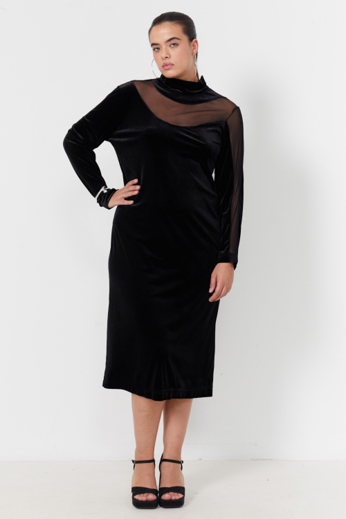 Sheath dress in smooth stretch velvet and mesh