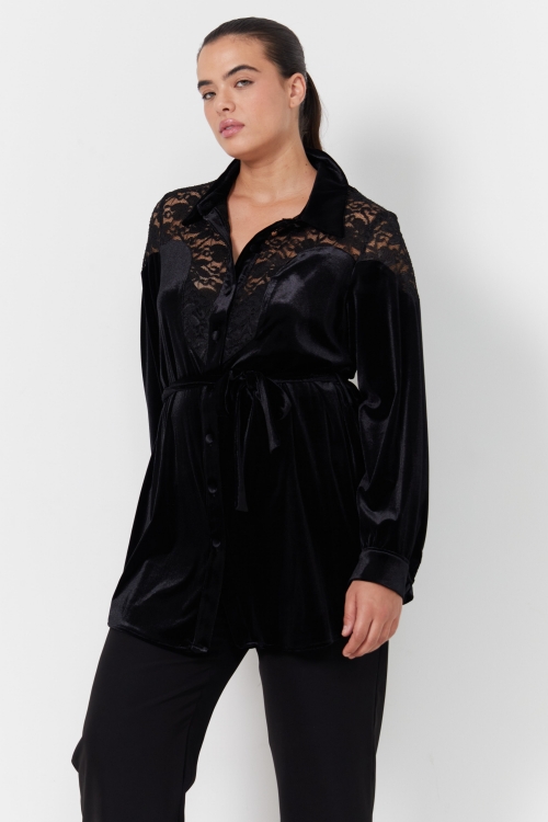 Shirt in smooth stretch velvet and lace