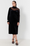 Sheath dress in smooth stretch velvet and mesh