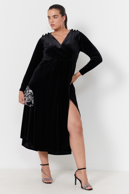 Long wrap dress in smooth stretch velvet