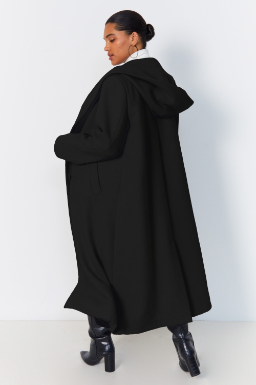 Long hooded coat with shawl collar