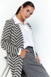 Chevron print coat with fringes.