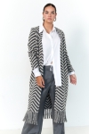 Chevron print coat with fringes.