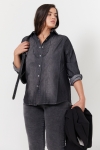 Gray denim shirt with ruffled bib