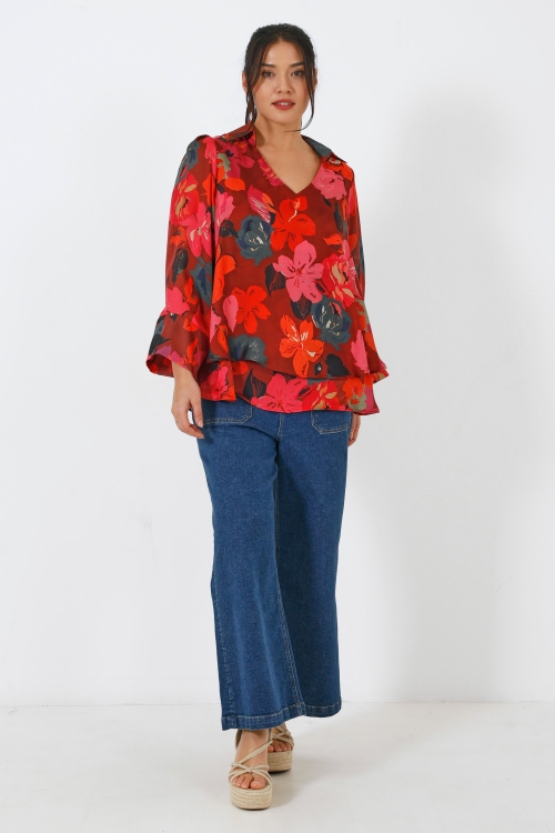 Floral print voile blouse overlay