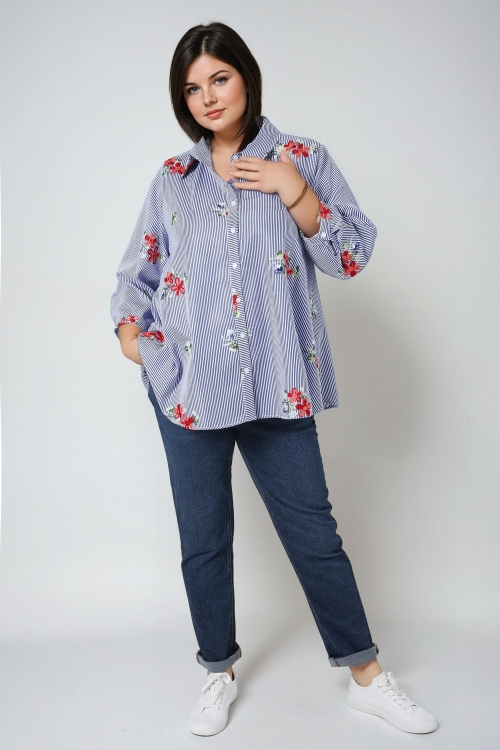 Striped shirt with floral embroidery