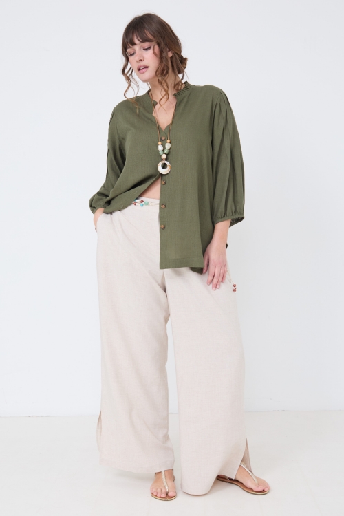 Chemise viscose lin avec plis plats sur manches
